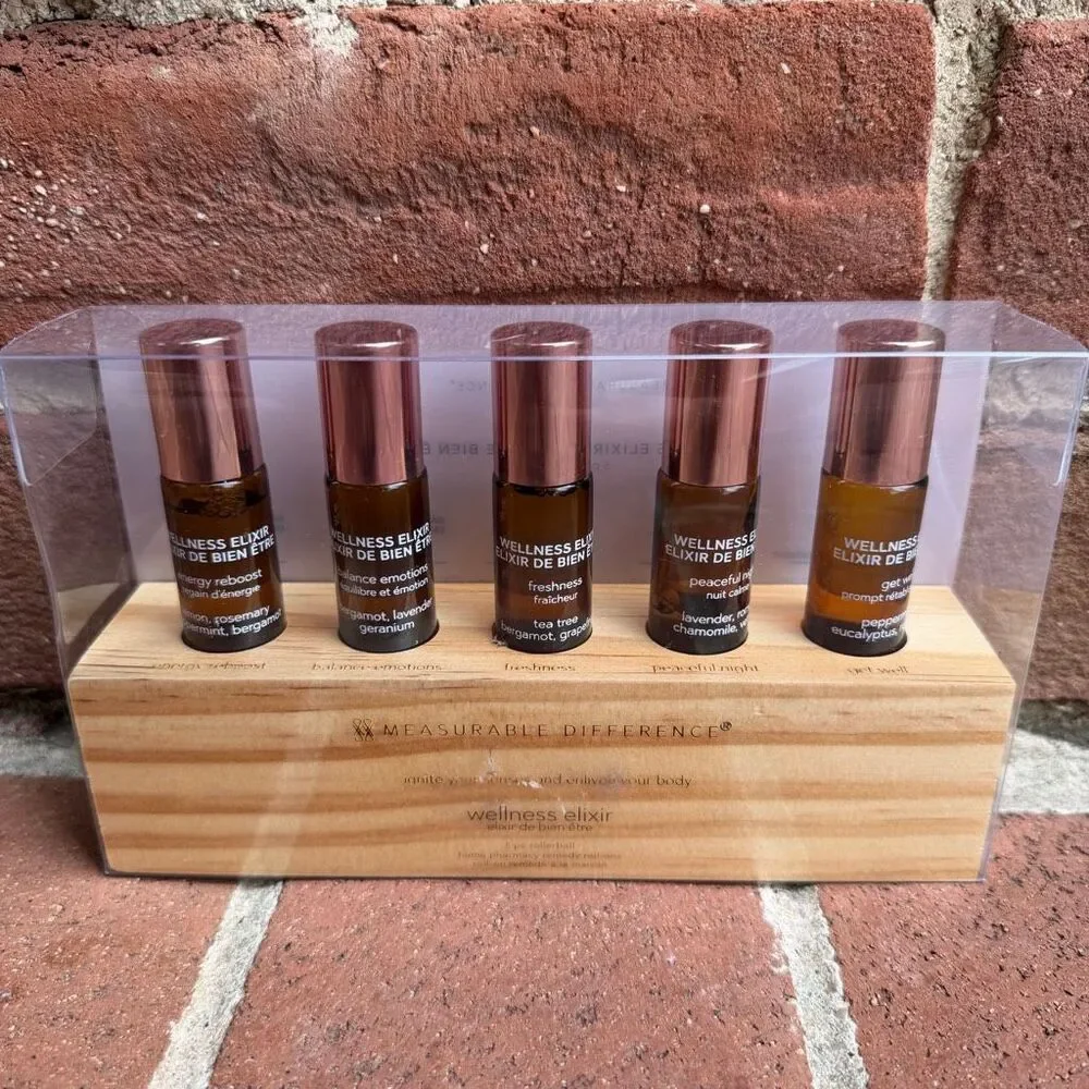 Measurable Difference Wellness Elixir 5pc Wooden Base Rollerball Collection NEW